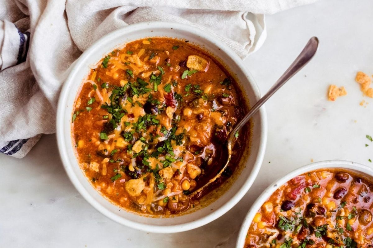 Rice and Black Bean Enchilada Soup overhead view.