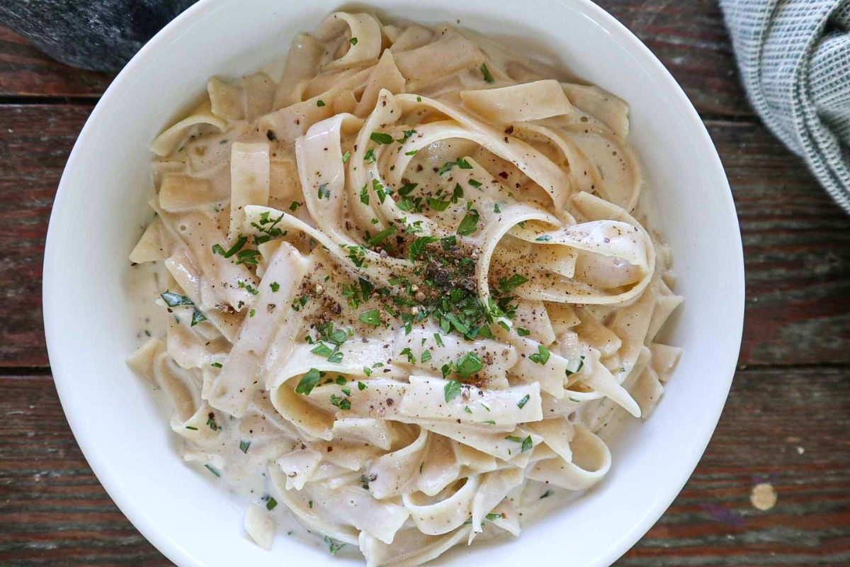 Cottage Cheese Alfredo overhead view.