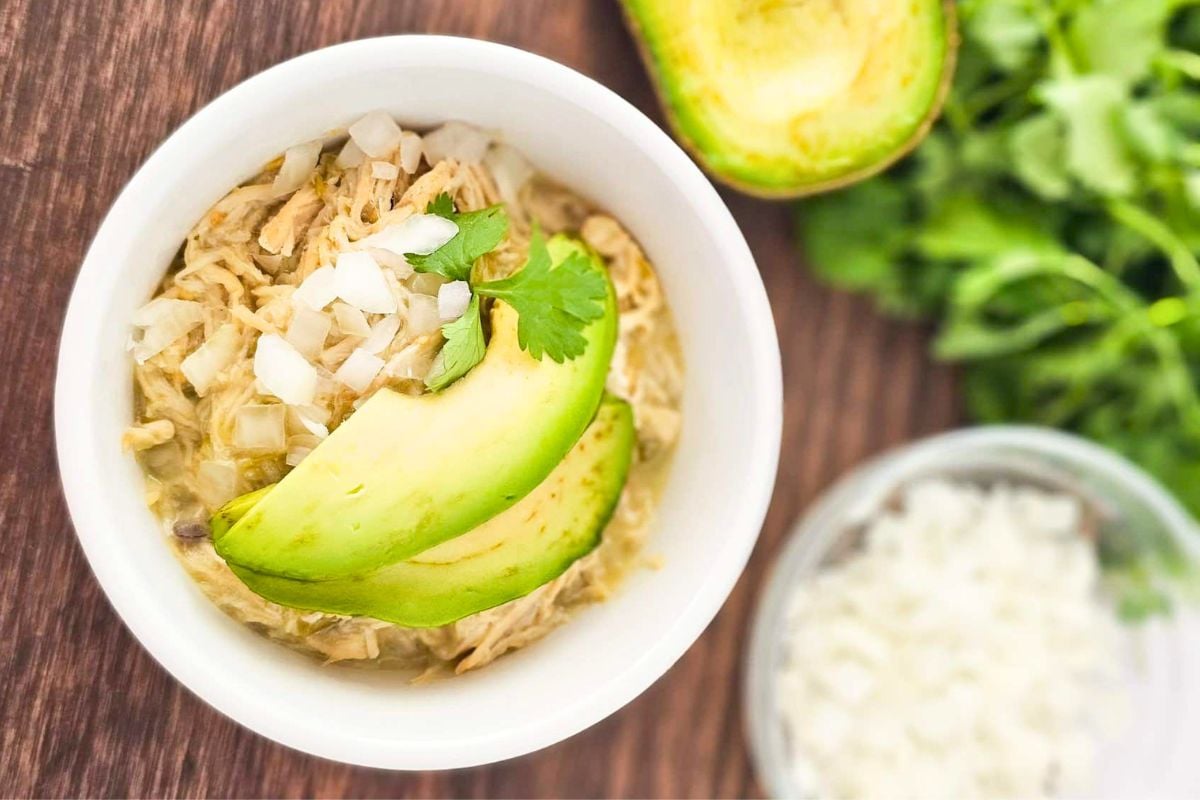 Crockpot Green Chili Chicken in a bowl.