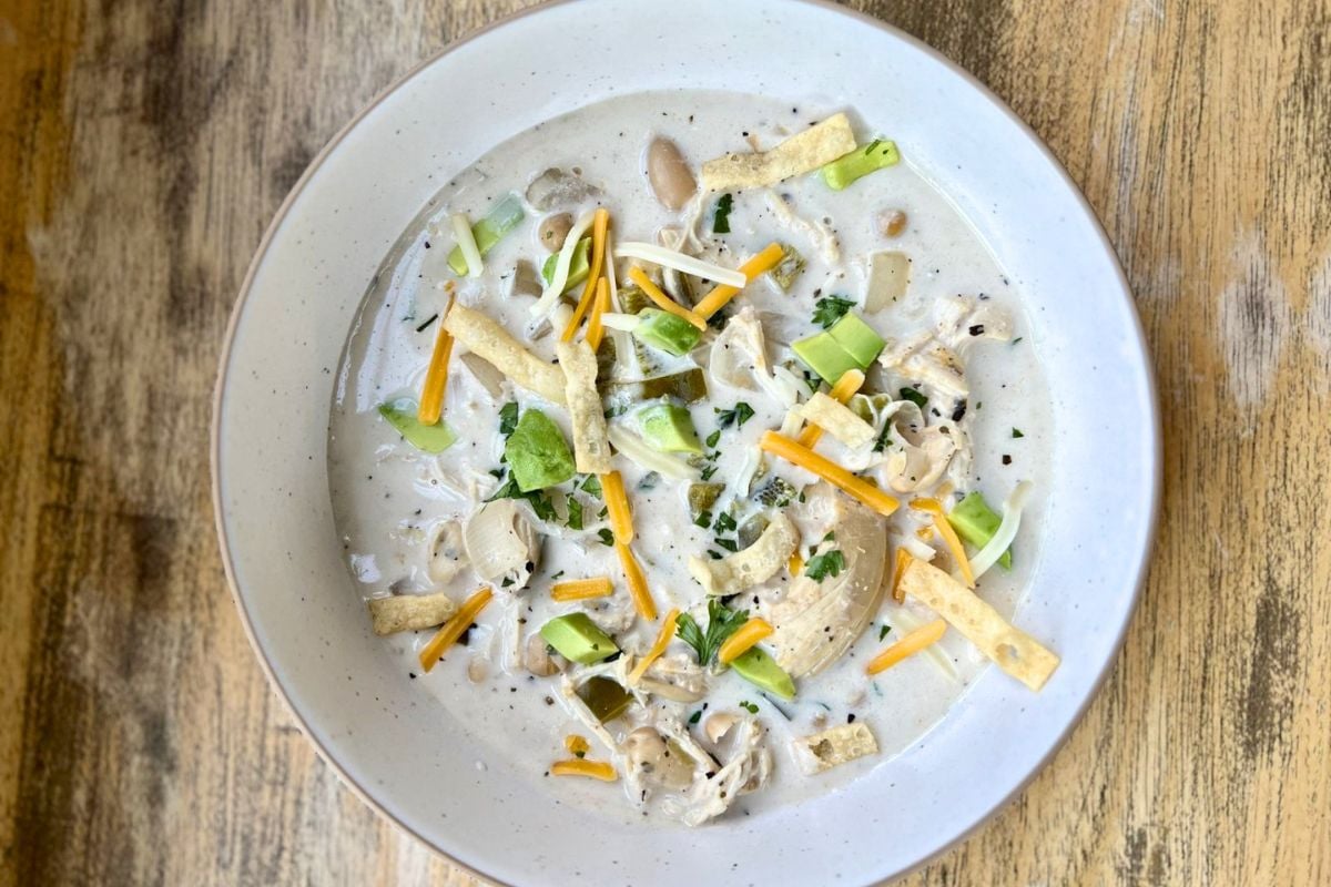 Crockpot White Chicken Chili overhead view.