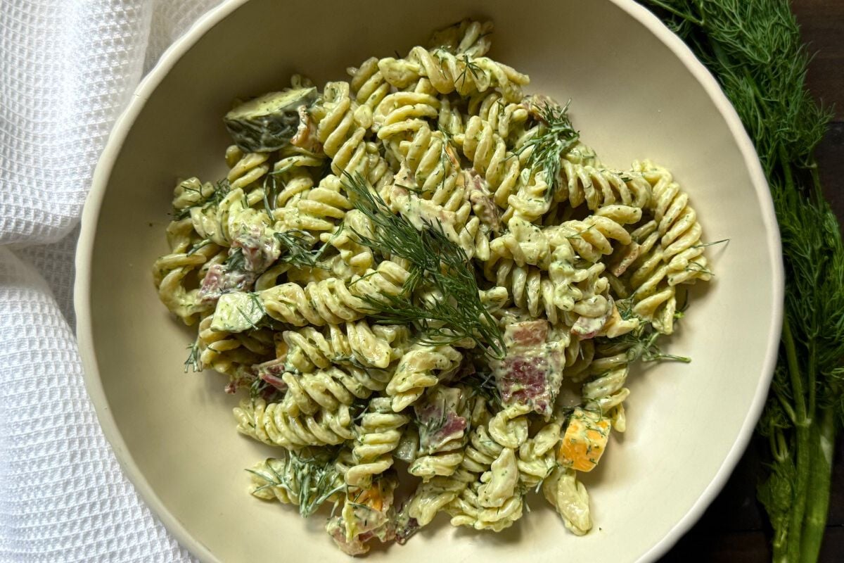 Dill Pickle Pasta Salad in a bowl.