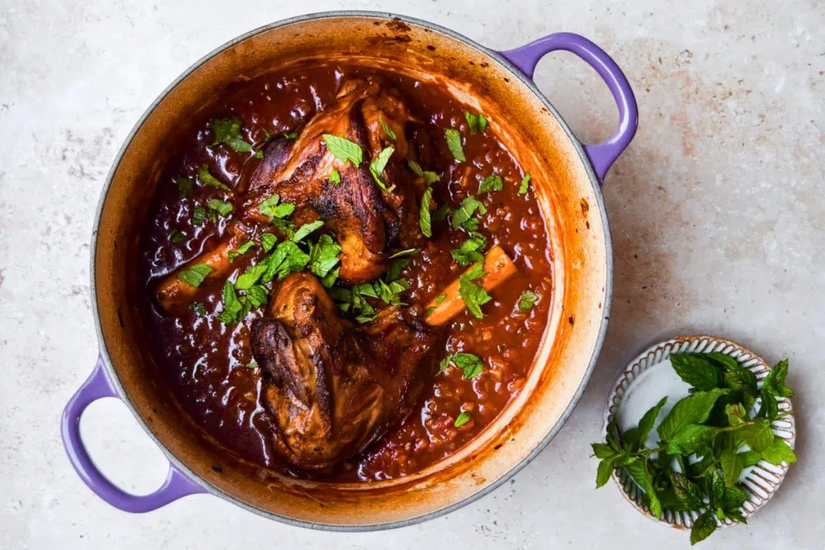 Tomato Braised Lamb Shanks overhead view.