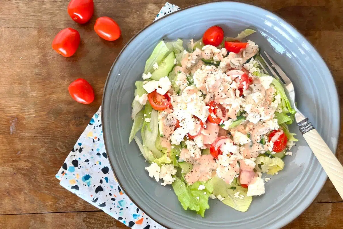 Feta Cheese Salad with a Marie Rose Dressing on a plate.