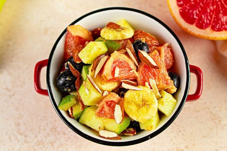 Fruit and Nut Salad with Honey Dressing overhead view.