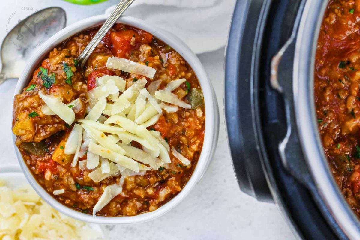 Instant Pot Unstuffed Peppers overhead view.