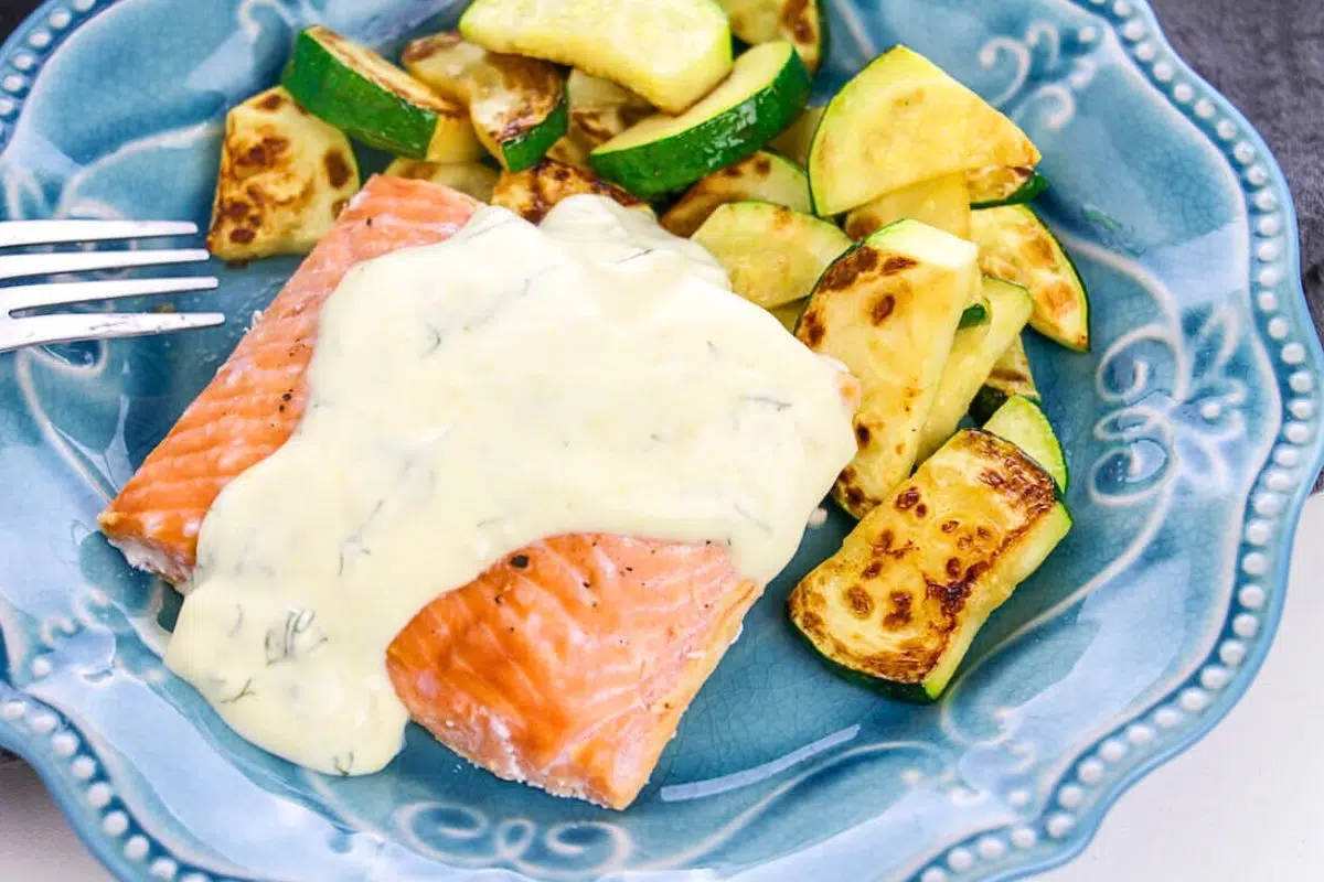 Baked Keto Salmon with Creamy Dill Sauce close up look.