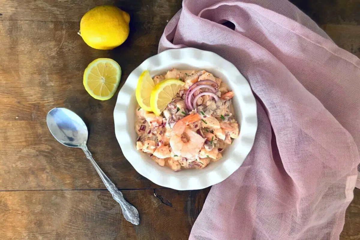 King Prawn Salad with Chives and Red Onion overhead view.