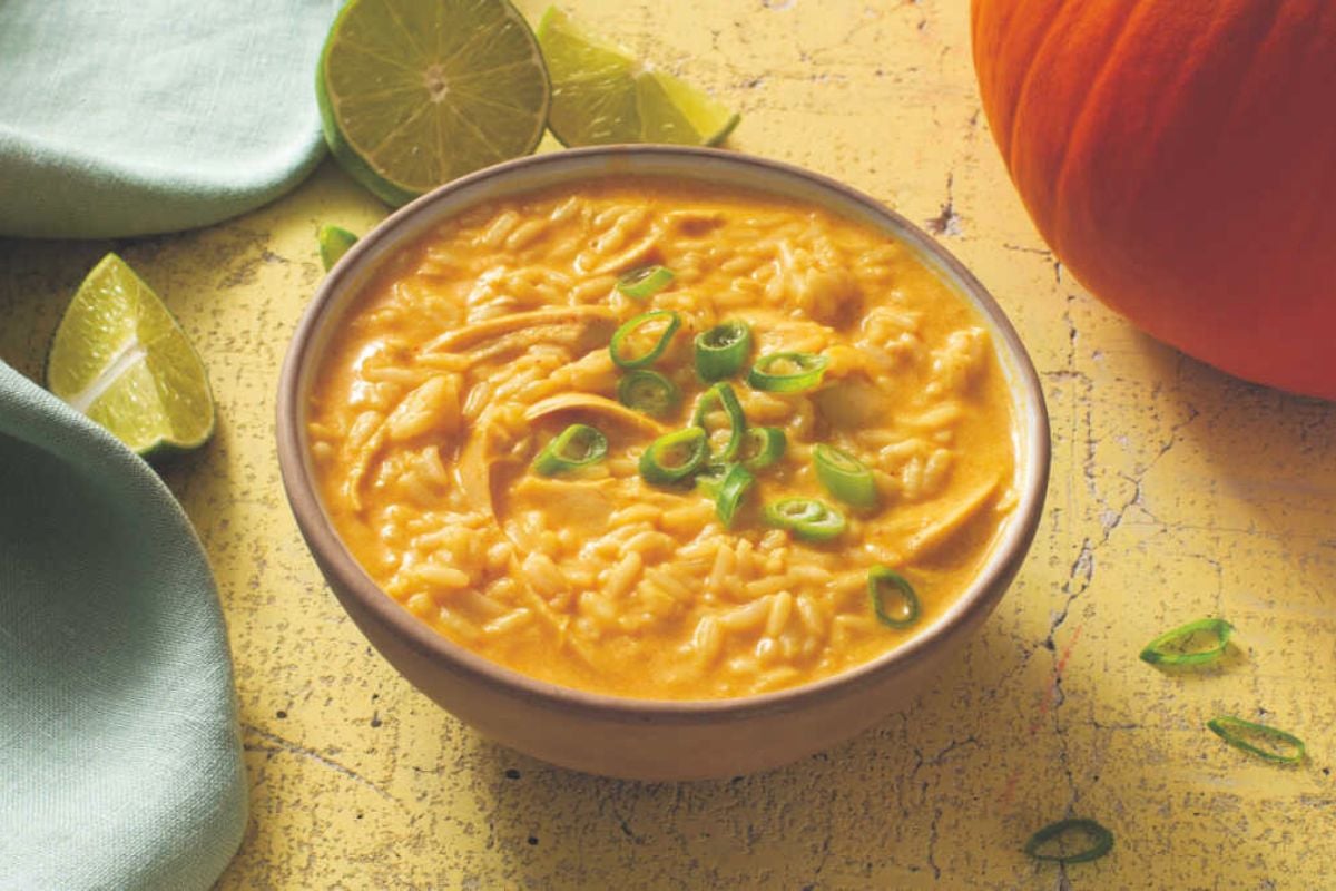 Turkey Pumpkin Curry Soup with Rice in a bowl.