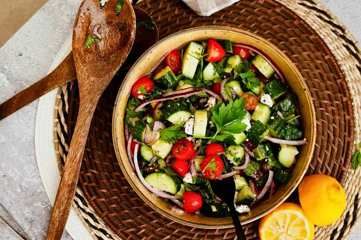 Mediterranean Cucumber Tomato Salad overhead view.
