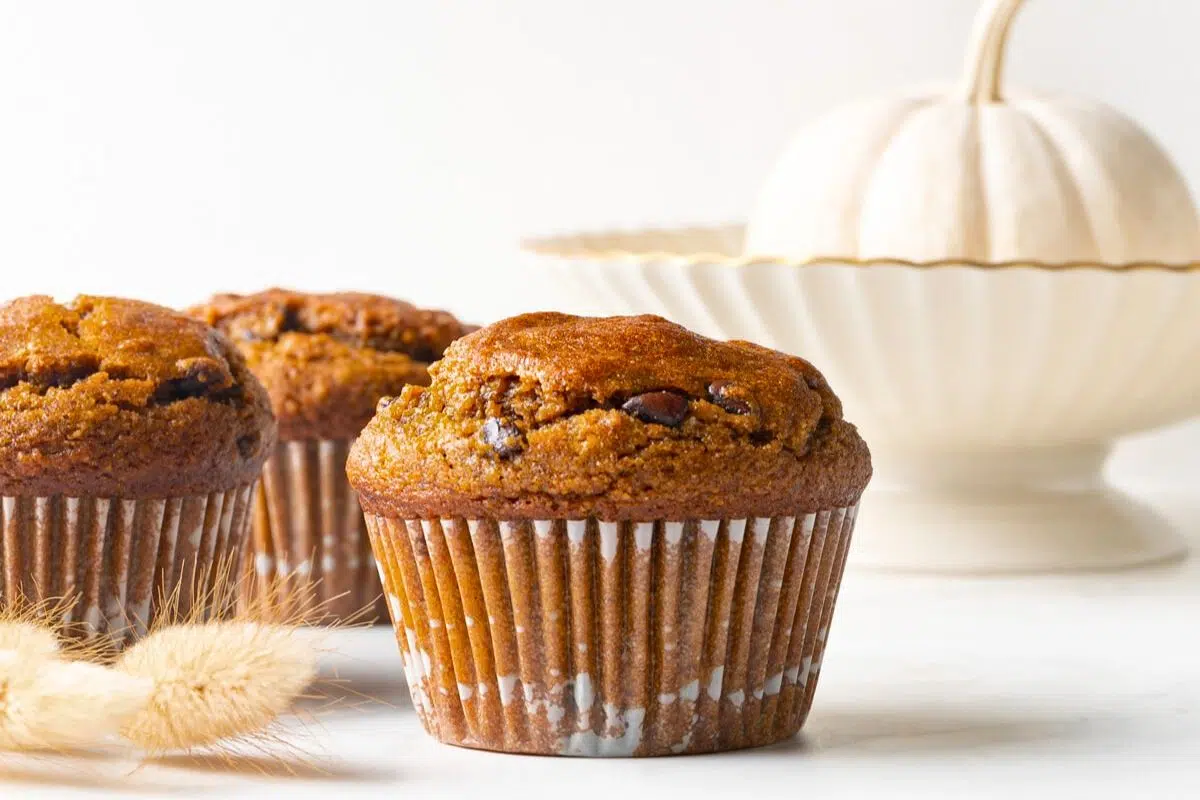 Pumpkin Chocolate Chip Muffins close up look.
