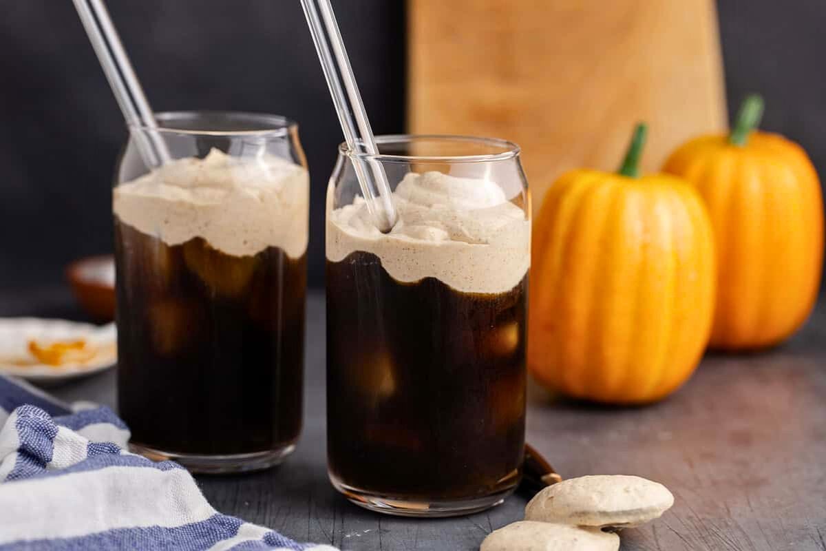 Glasses of Pumpkin Cold Foam.