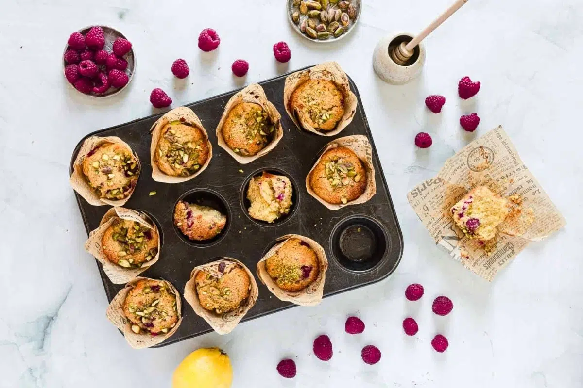 Raspberry Polenta Muffins overhead view.