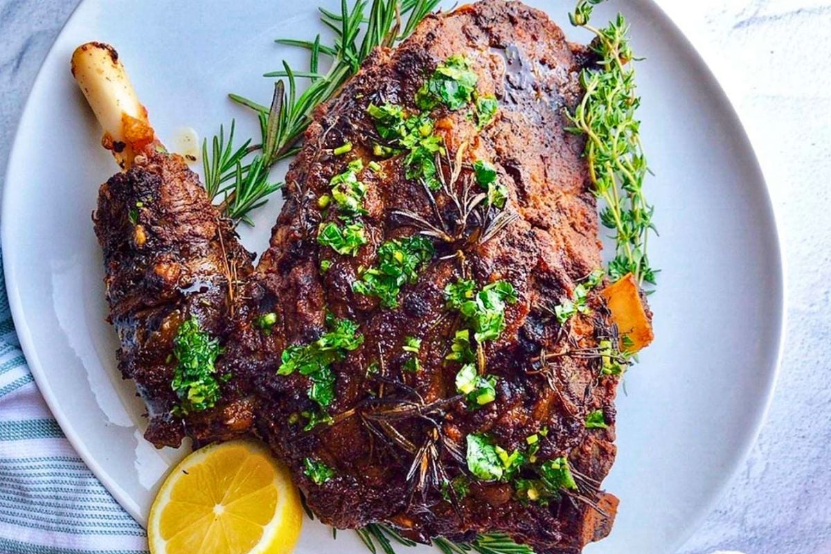 Oven Roasted Bone-in Leg Of Lamb close up look.