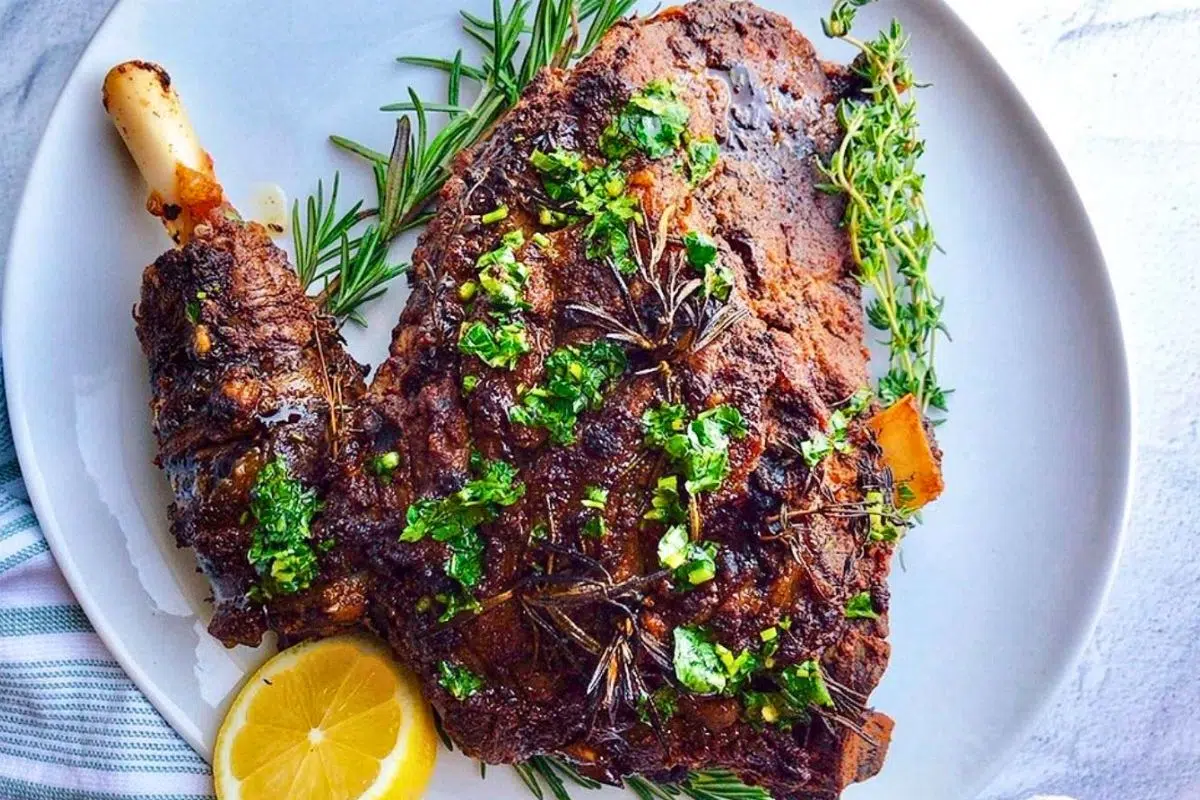 Oven Roasted Bone-in Leg Of Lamb close up look.