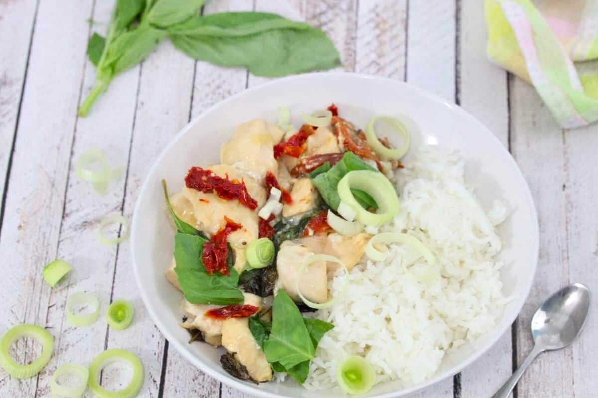 Slow Cooker Dairy-Free Tuscan Chicken served on a plate.