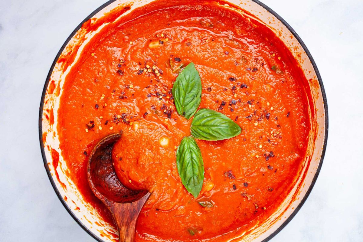 Sweet and Spicy Spaghetti Sauce With Creamy Cannellini Beans in a pot.