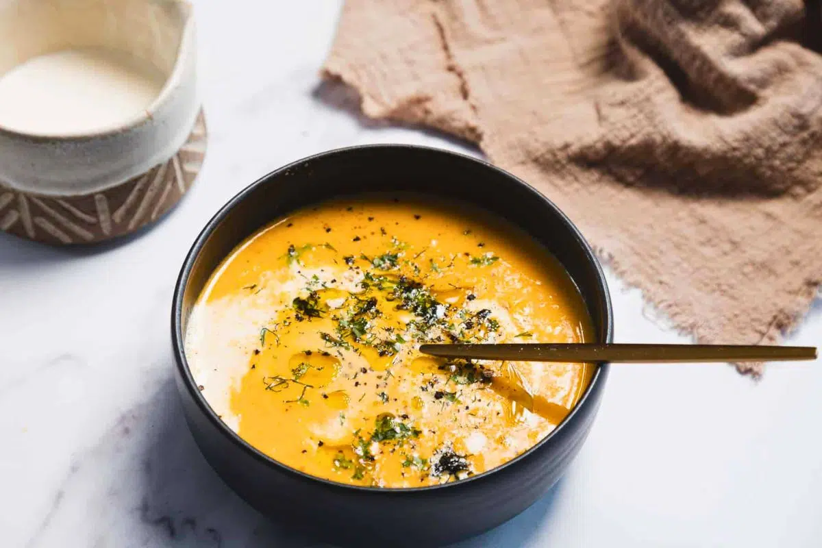 Slow Cooker Carrot Soup in a bowl.