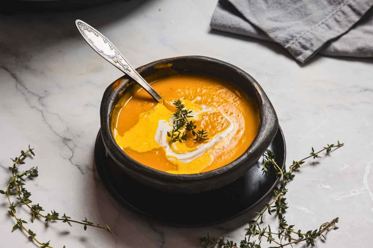 Kabocha Squash Soup in the Slow Cooker in a bowl.