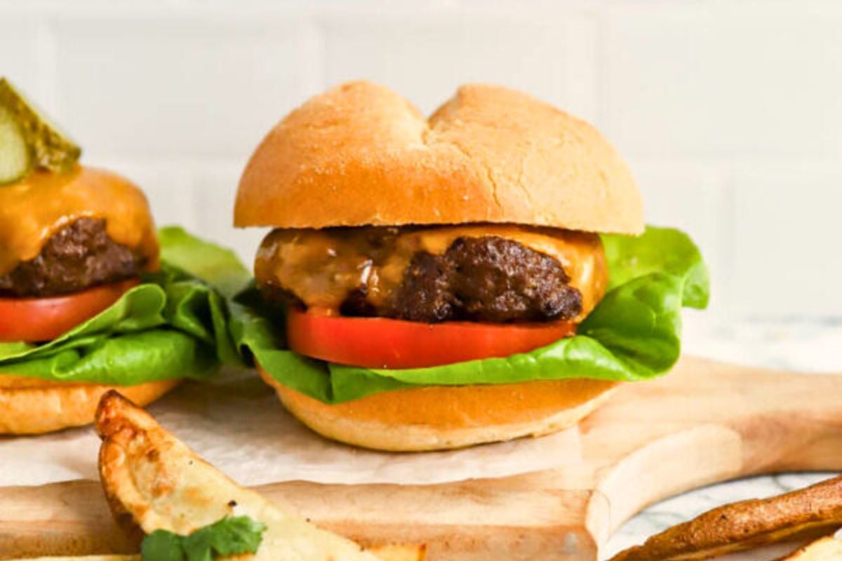Medium Rare Air Fryer Burgers close up look.