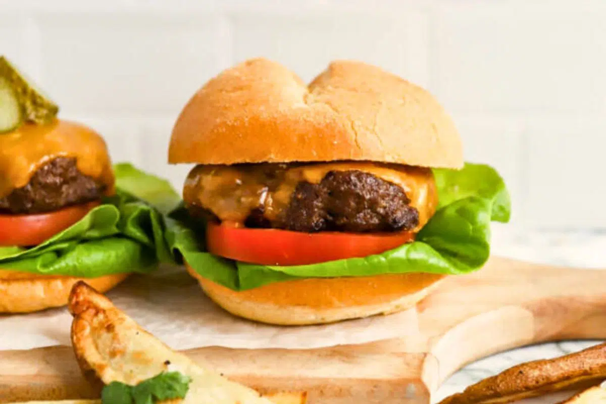 Medium Rare Air Fryer Burgers close up look.