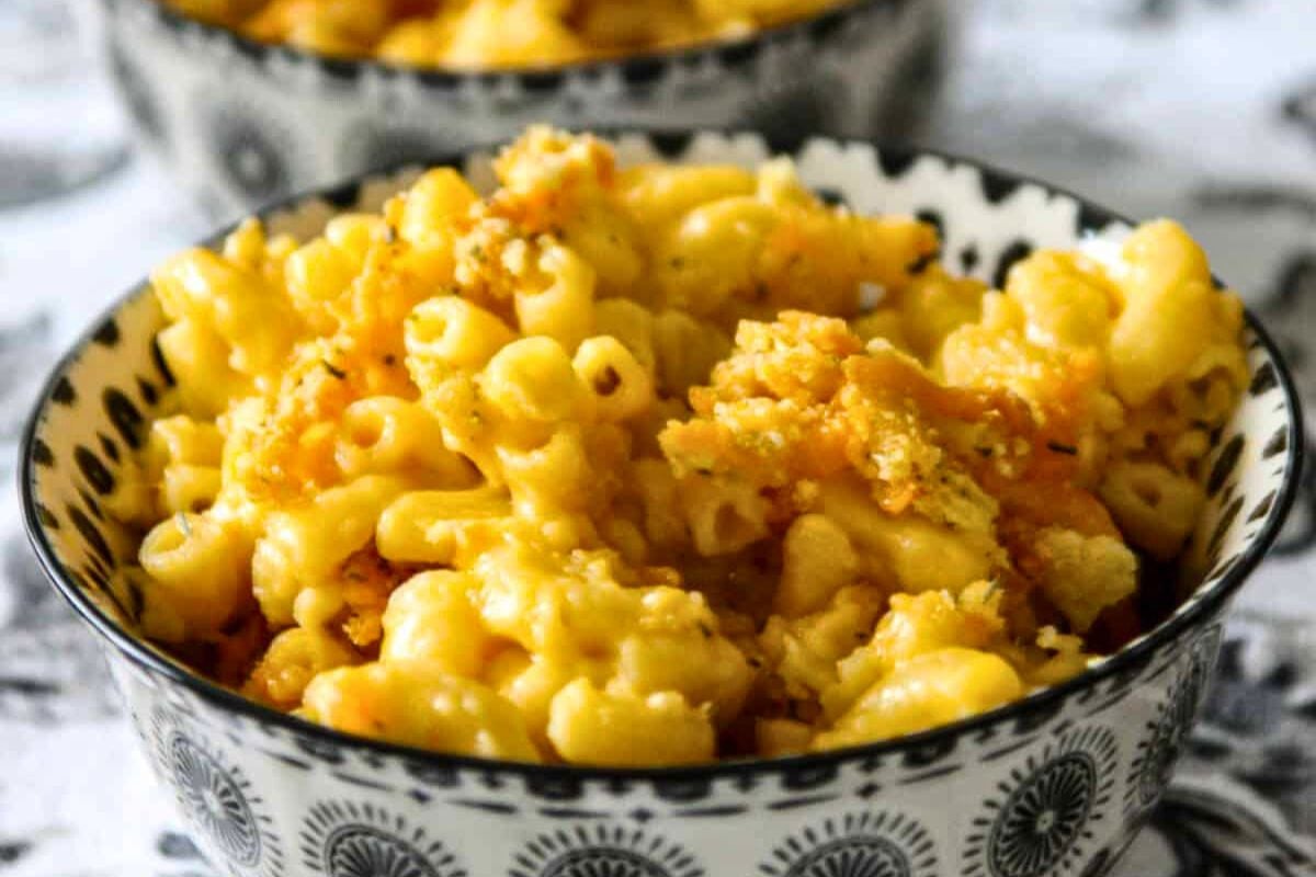 Old Fashioned Baked Macaroni and Cheese served in a bowl.