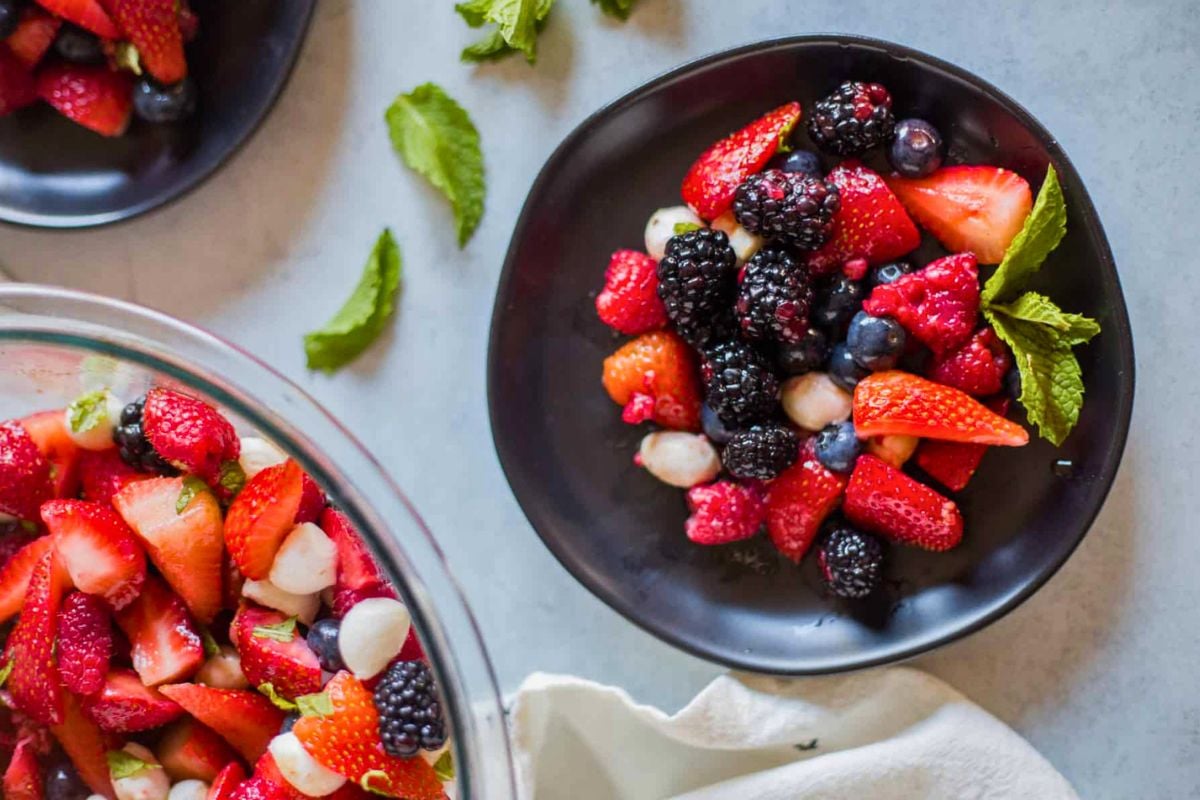 Berry Caprese Salad with Strawberry Balsamic Glaze overhead view.