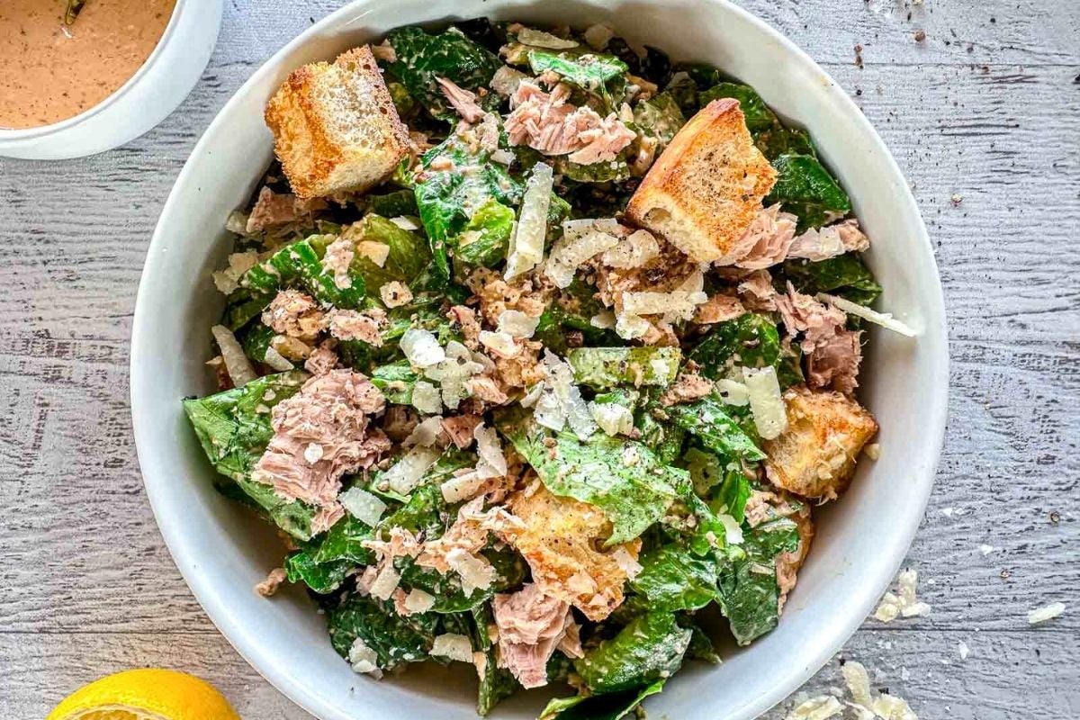 Tuna Caesar Salad overhead view.