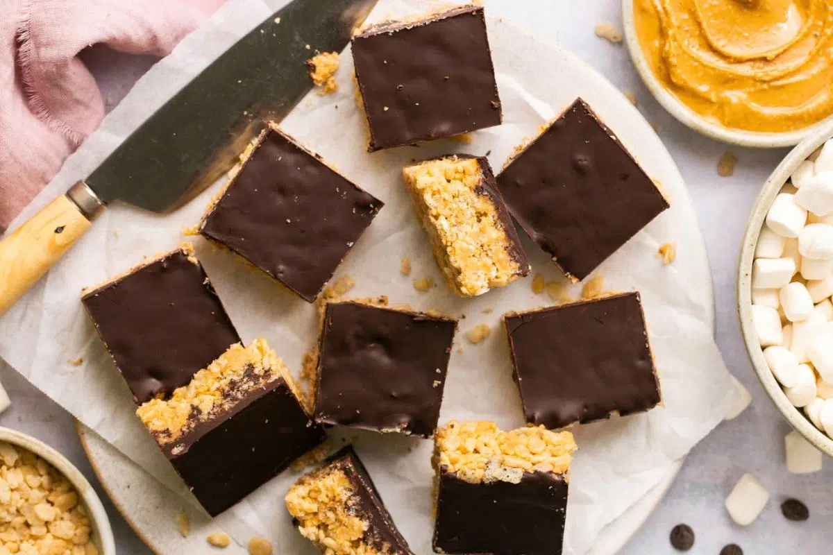 Chocolate Peanut Butter Rice Krispie Treats overhead view.