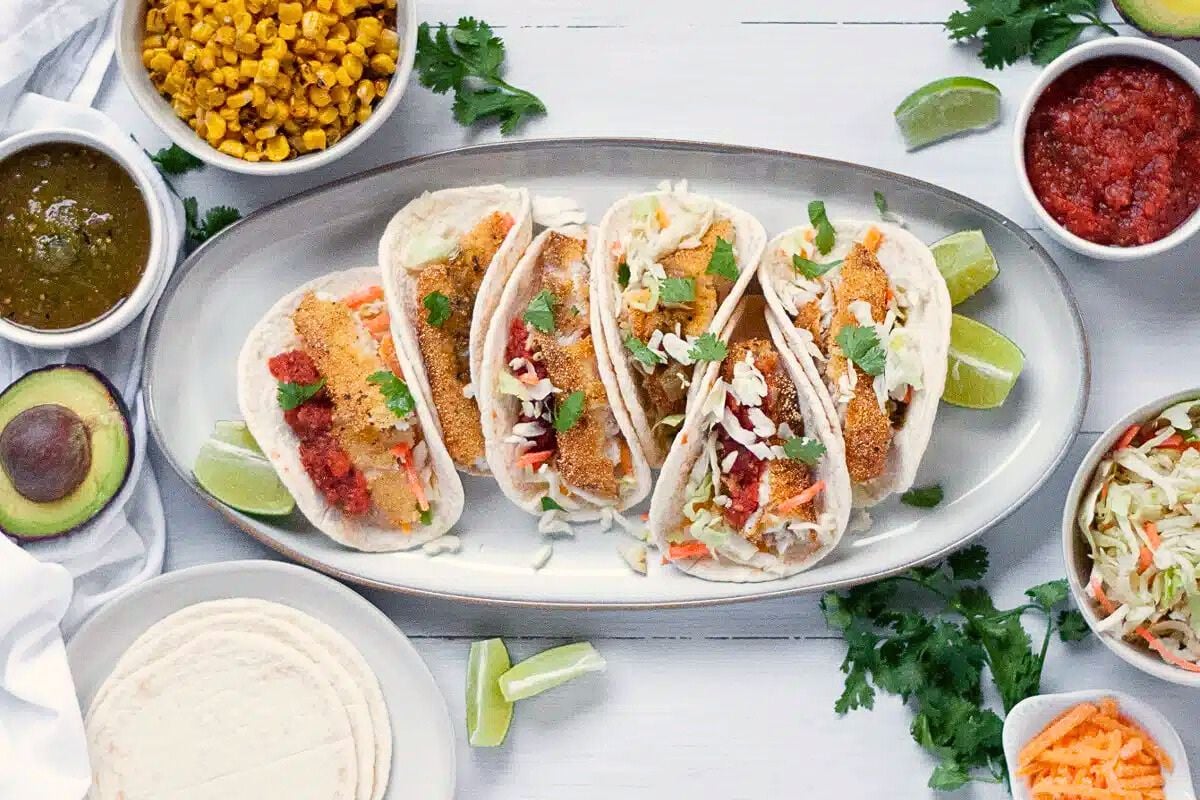 Cornmeal Fish Tacos overhead view.