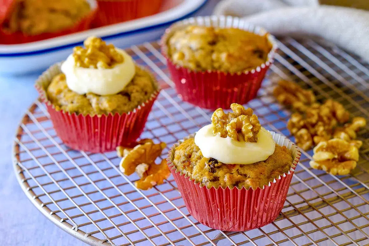 Egg-Free Banana and Walnut Muffins on a cooling rack.