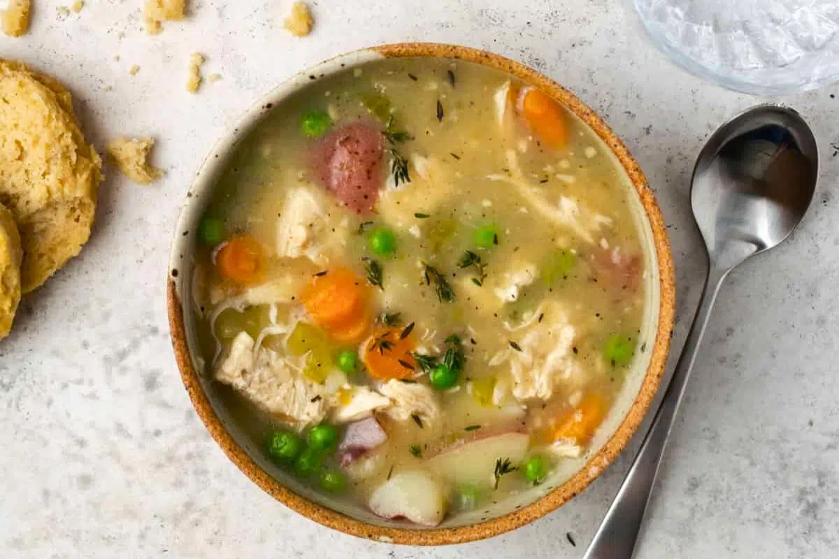 Instant Pot Chicken Pot Pie Soup overhead view.