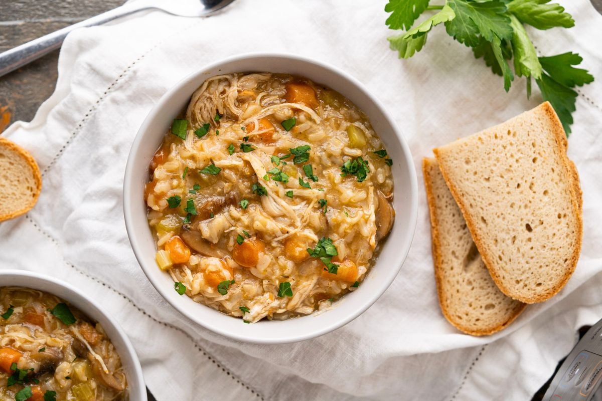 Instant Pot Chicken and Rice Soup overhead view.