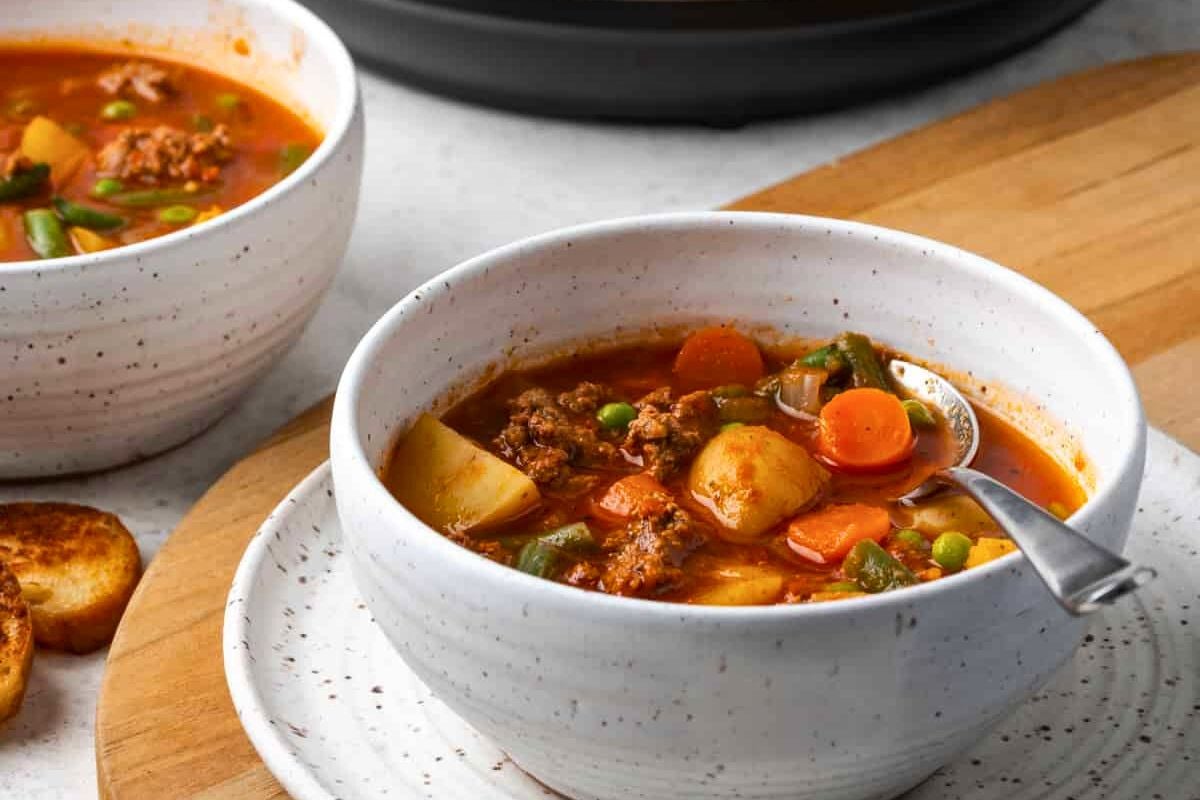 Instant Pot Hamburger Soup served in a bowl.