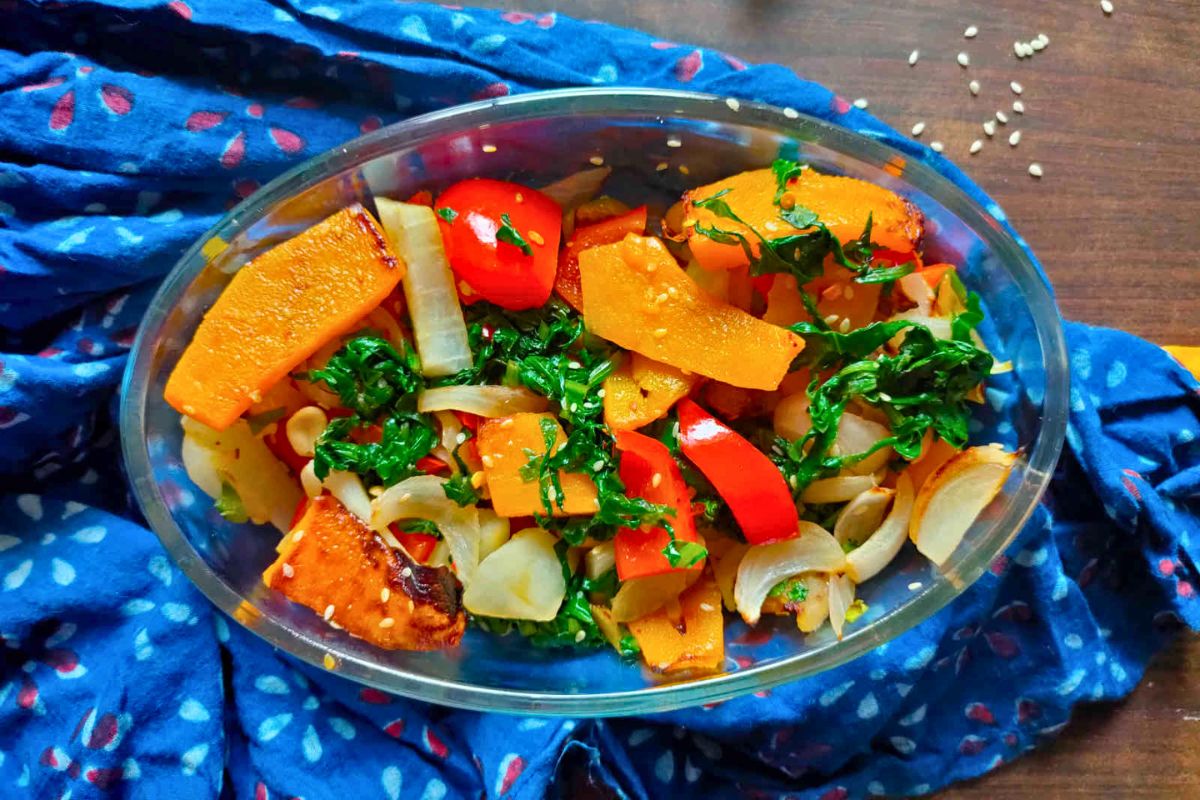 Roast Pumpkin Spinach Salad in a bowl.