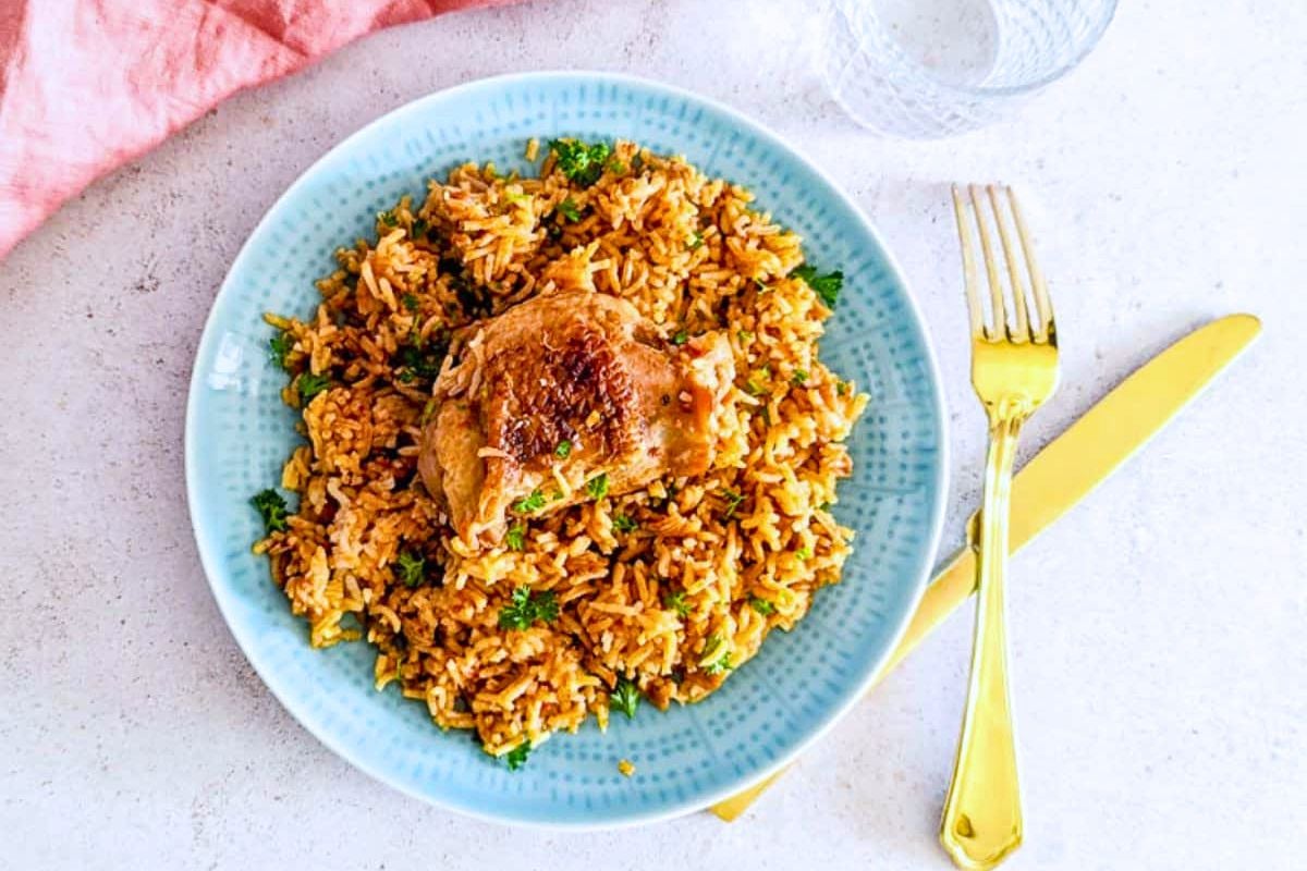 Slow Cooker Mexican Chicken and Rice overhead view.