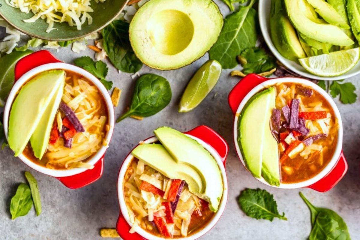 Slow Cooker Chicken Tortilla Soup and Southwest Salad overhead view.