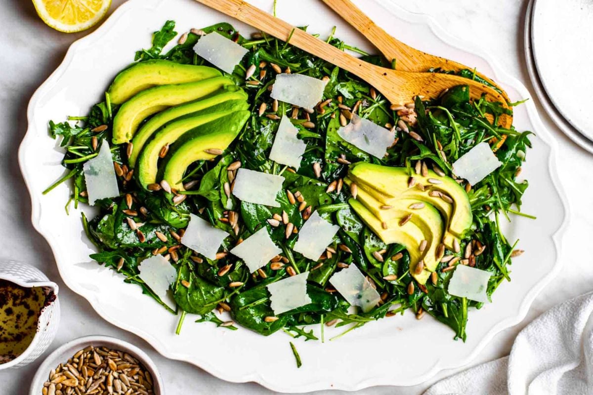 Delish Arugula Spinach Salad overhead view.