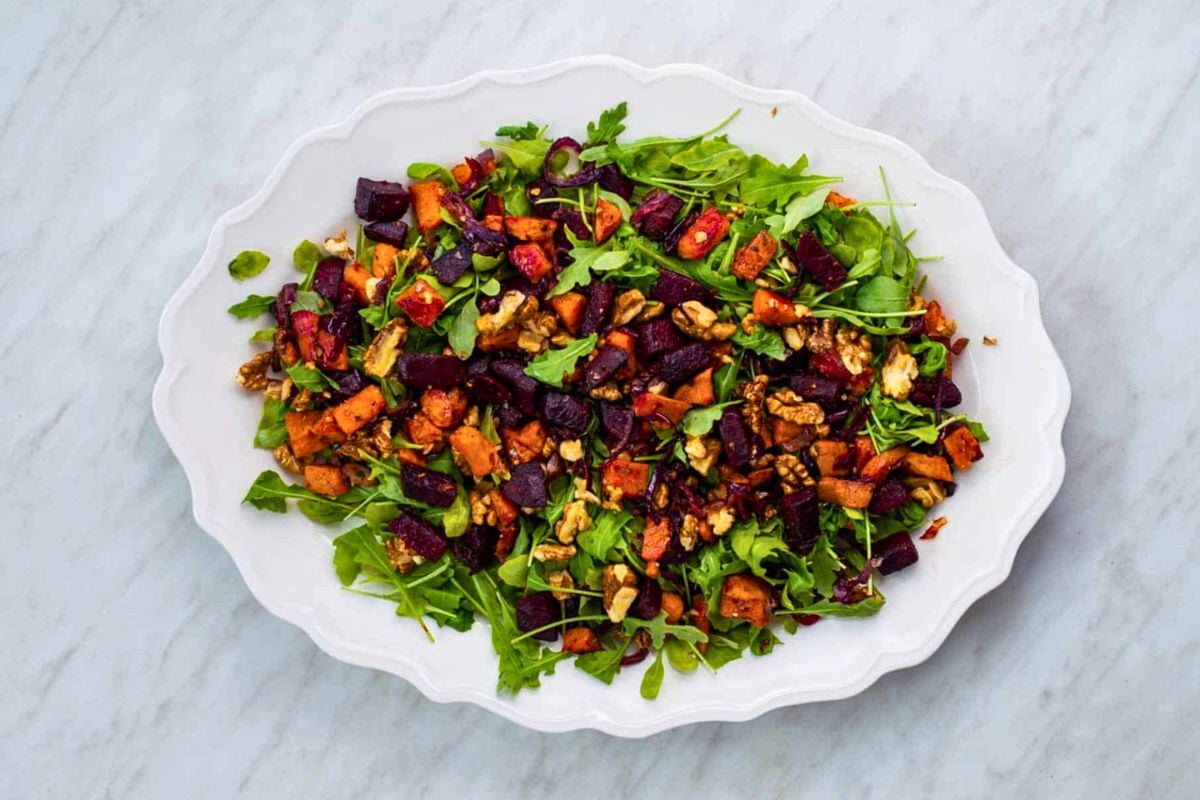 Fall Roasted Sweet Potato Beet Salad with Feta overhead view.