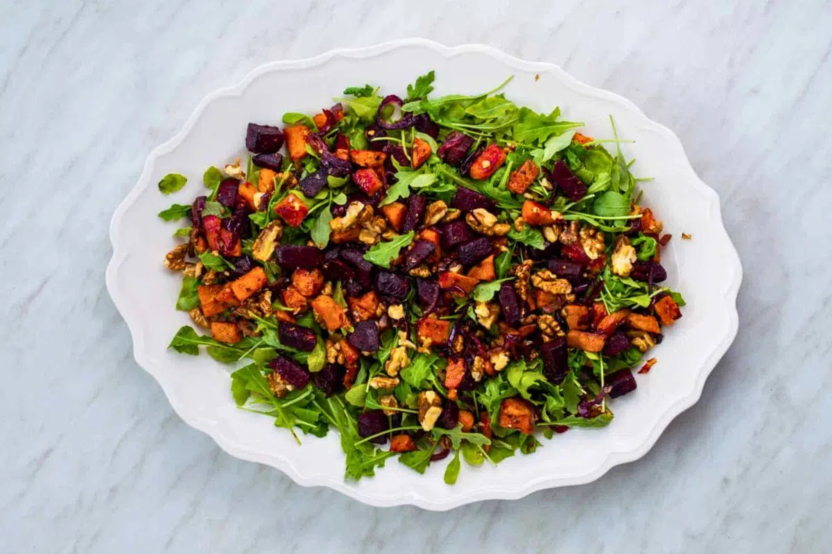 Fall Roasted Sweet Potato Beet Salad with Feta overhead view.