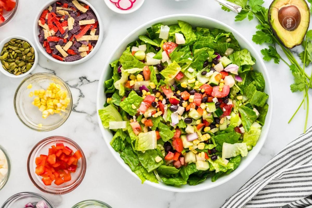 Mexican Chopped Salad With Honey Lime Dressing overhead view.