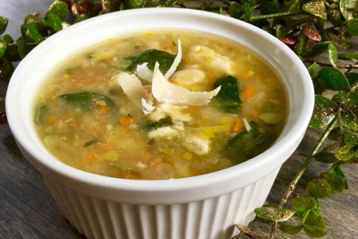 Spicy White Bean and Leftover Turkey Soup in a bowl.
