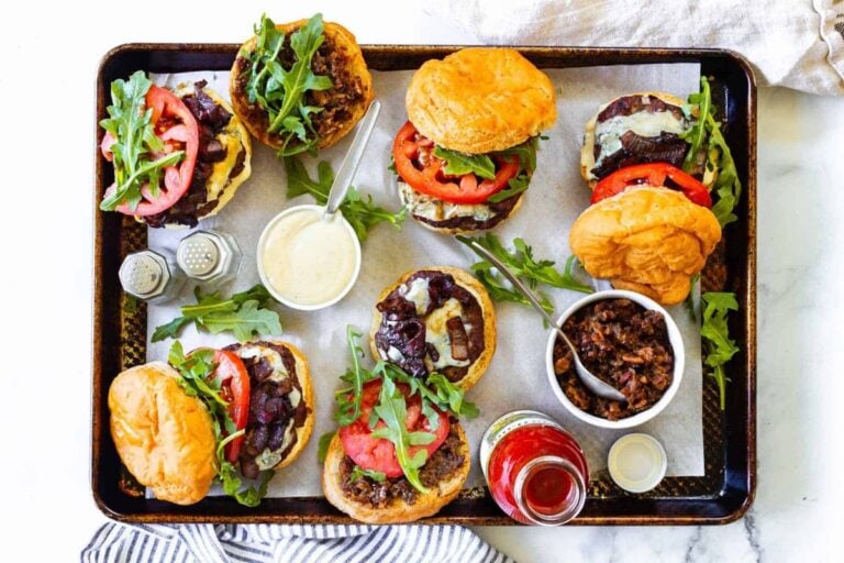 Bacon Blue Cheese Burger with Roasted Garlic Aioli overhead view.
