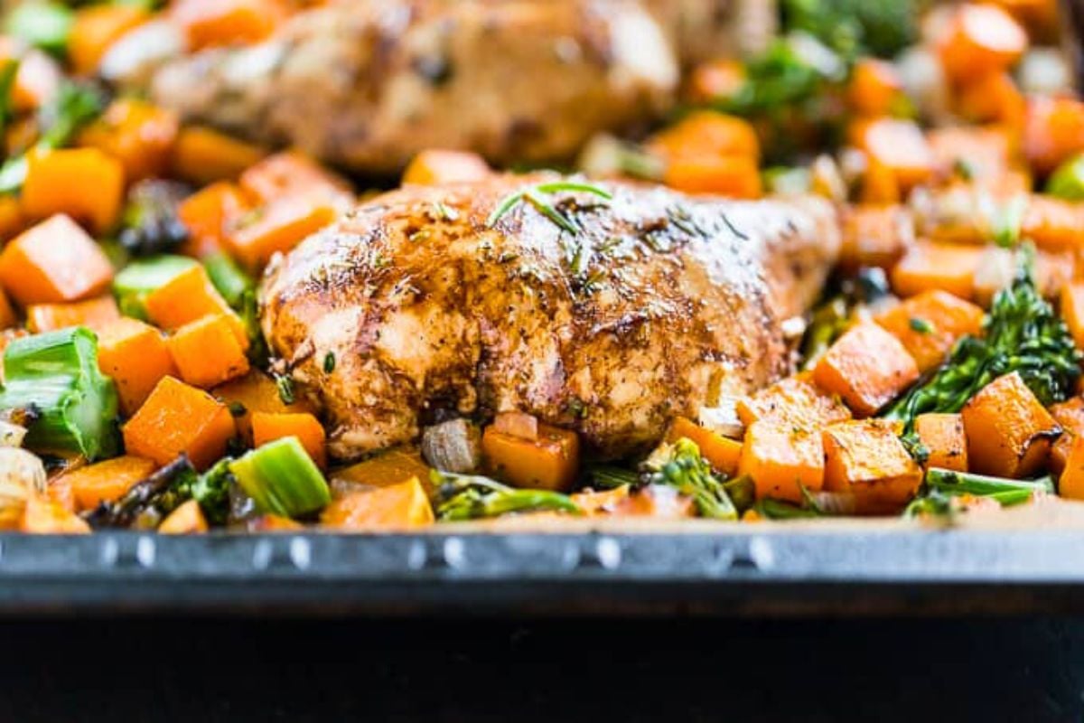 Balsamic Roasted Chicken and Veggie Sheet Pan Dinner close up look.