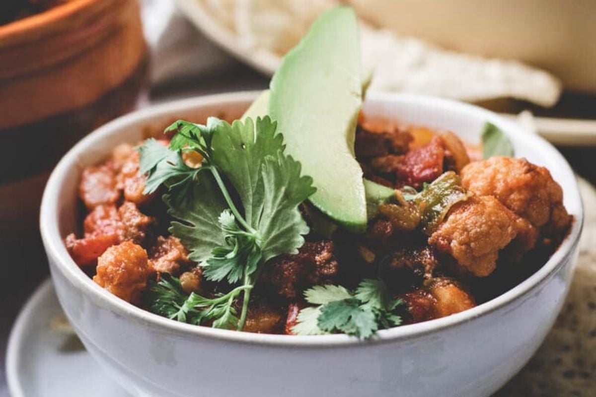 Cauliflower Chili in a bowl.