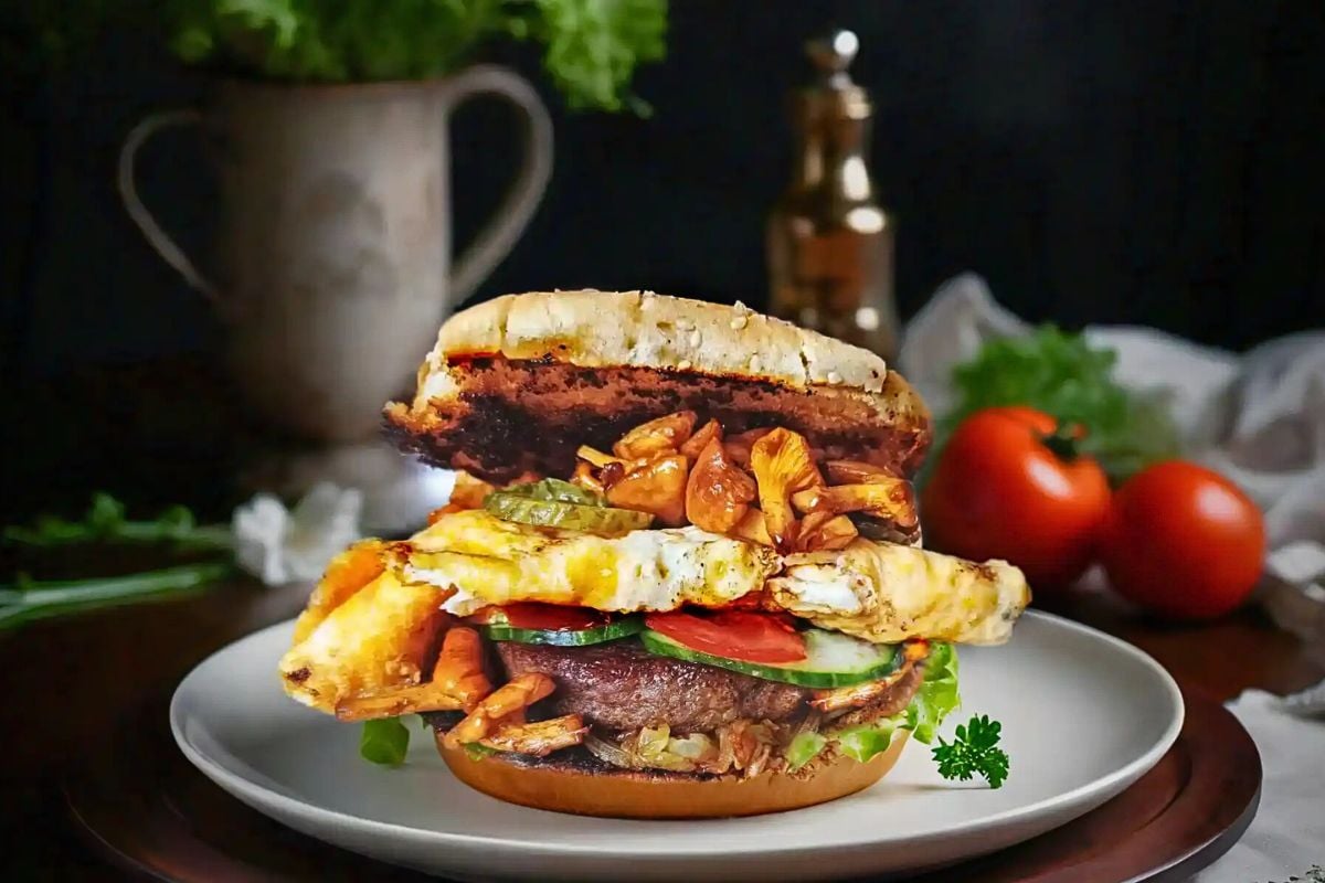 Hamburger With Mushrooms and Onions on a plate.