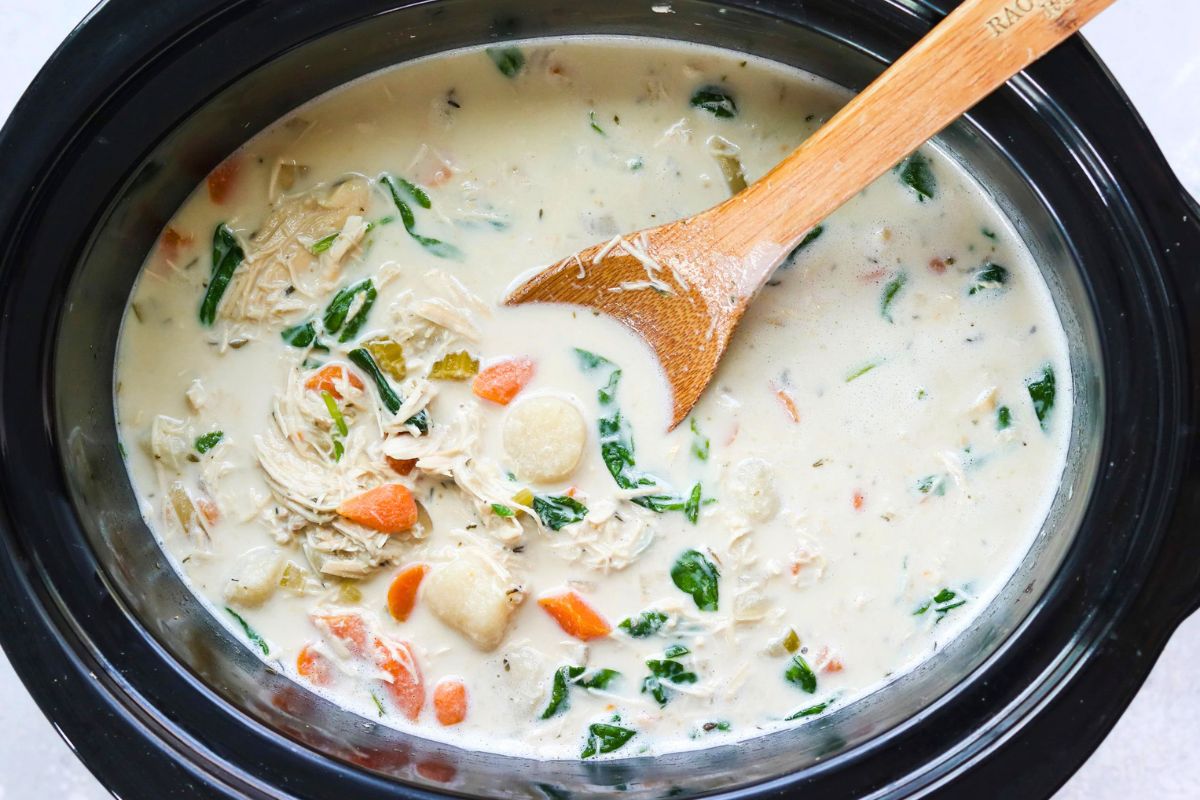 Chicken Gnocchi Soup in a slow cooker.