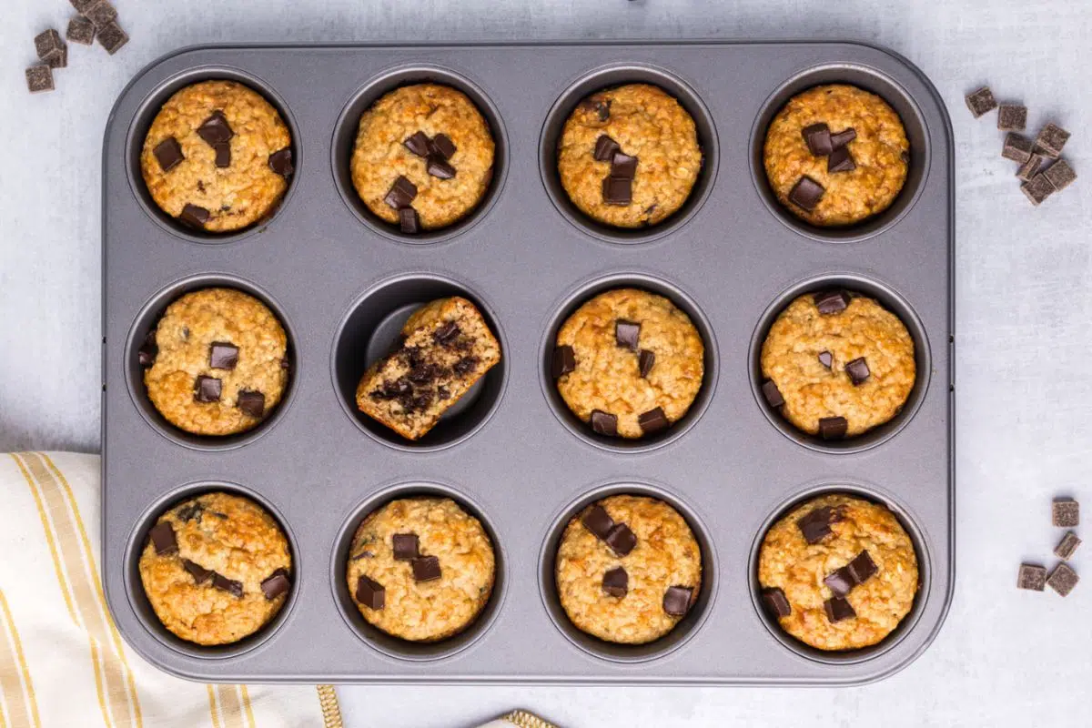 Chocolate Chunk Protein Muffins overhead view.