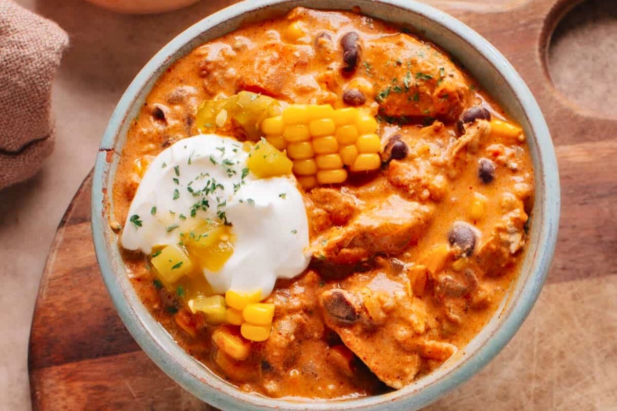 Cream Cheese Chicken Chili in a bowl.