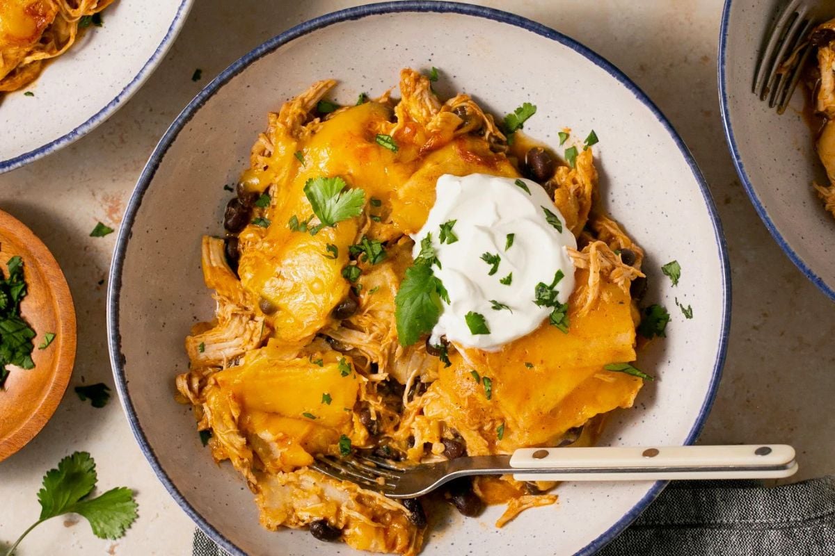 Crock-Pot Chicken Enchilada Casserole on a plate.