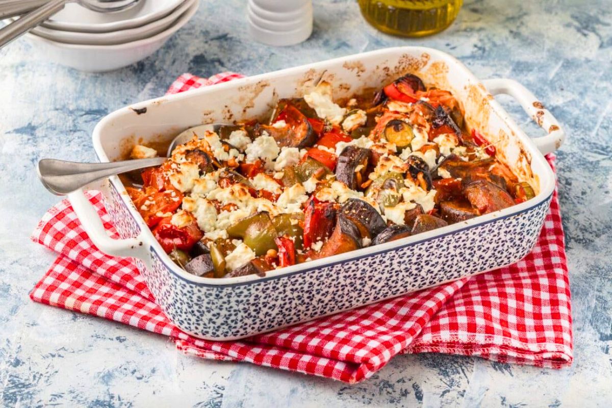 Greek Roasted Vegetables in a baking dish.